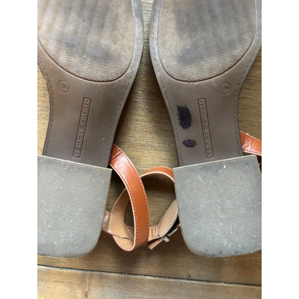 Tommy Hilfiger Tan Brown Ankle Strap Block Heel Square Toe Sandals